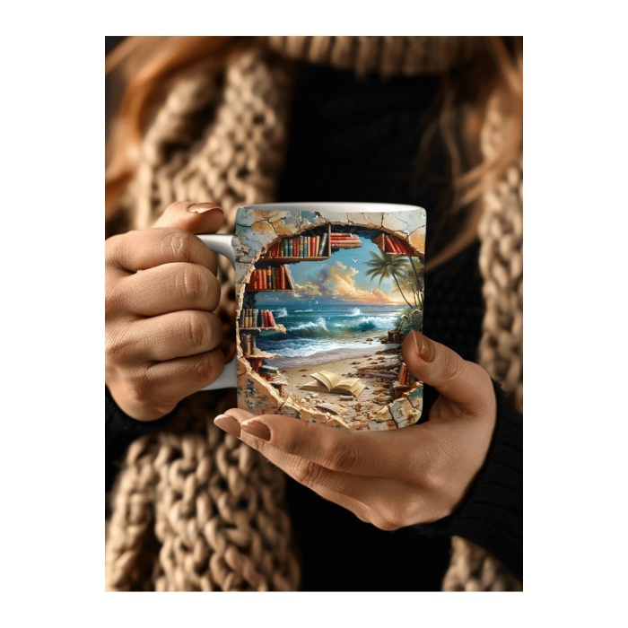 Kitaplık Kütüphane Baskılı 3D Tasarım Seramik Kupa Mug - Hediyelik Kupa Bardak