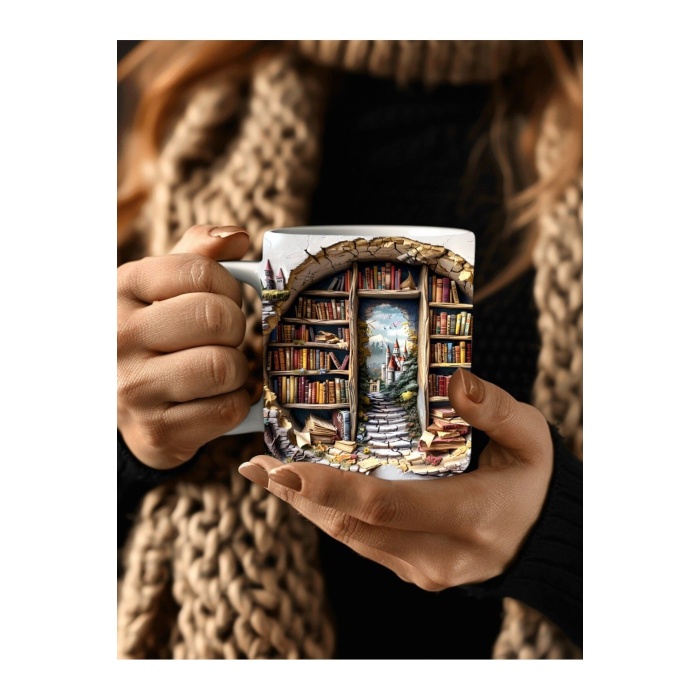 Kitaplık Kütüphane Baskılı 3D Tasarım Seramik Kupa Mug - Hediyelik Kupa Bardak