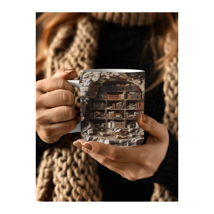 Kitaplık Kütüphane Baskılı 3D Tasarım Seramik Kupa Mug - Hediyelik Kupa Bardak