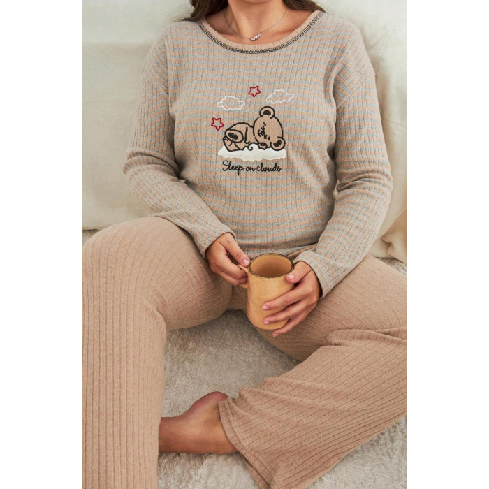 Büyük Beden İ̇nterlok Pijama Takımı Bej-Gri