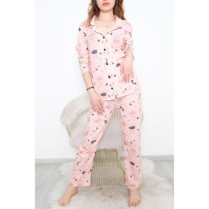 Önü Düğmeli Pijama Takımı Somon - 150.1287.