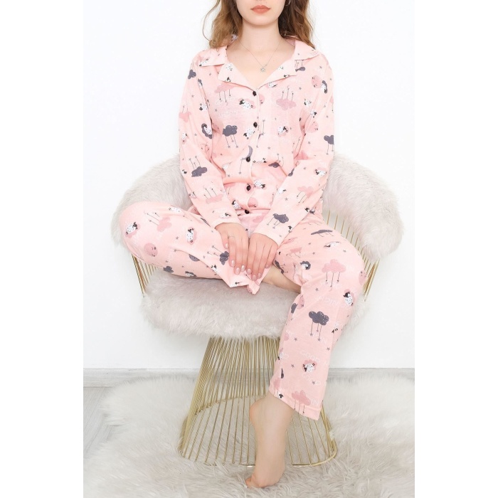 Önü Düğmeli Pijama Takımı Somon - 150.1287.