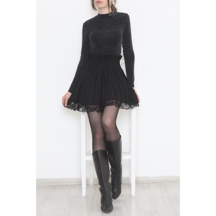 Pileli Dantelli Mini Etek Siyah - 12368.148.