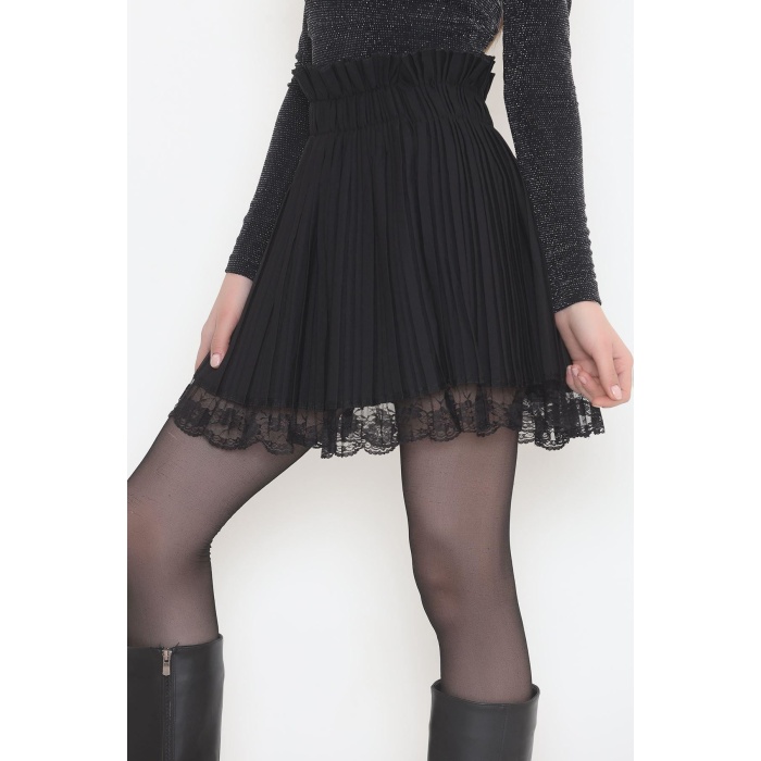 Pileli Dantelli Mini Etek Siyah - 12368.148.