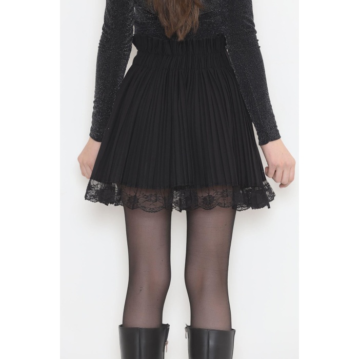 Pileli Dantelli Mini Etek Siyah - 12368.148.