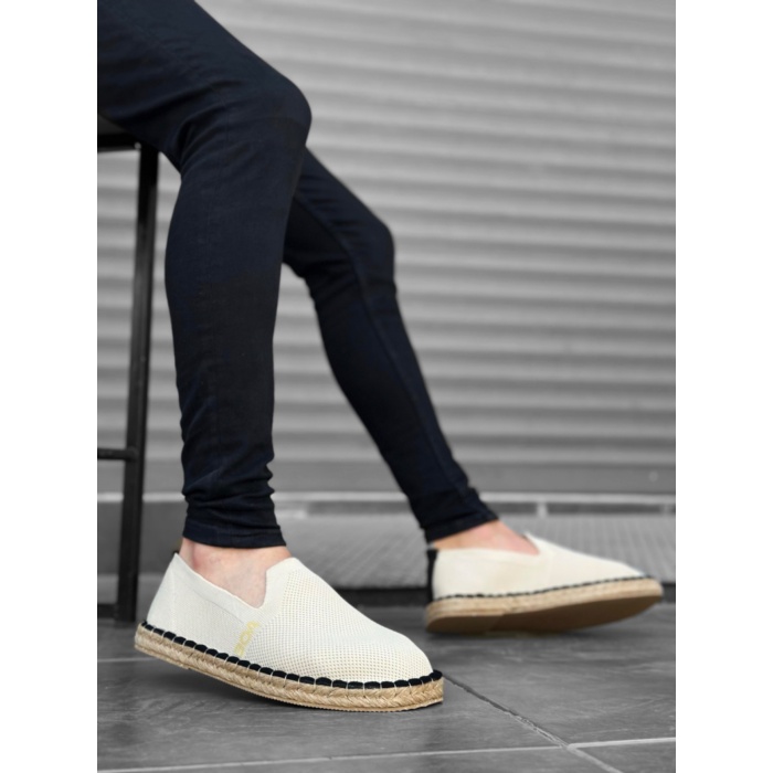 ET0224 Rahat Düz Taban Espadril Örme Triko Bej Günlük Erkek Ayakkabı