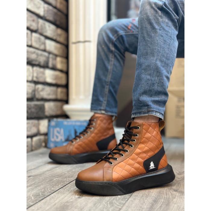 ET0159 Bağcıklı Koyu Taba Kapitone Erkek Yüksek Taban Spor Bot