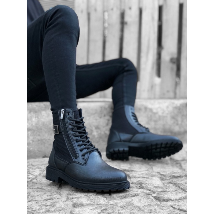 ET0218 Yan Toka Fermuarlı Siyah Erkek Spor Klasik Postal Bot