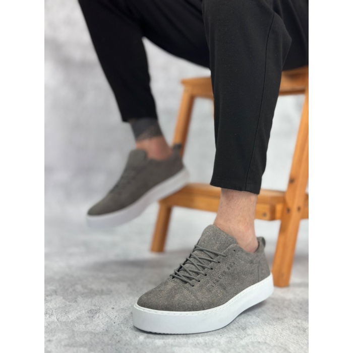 ET0104 Bağcıklı Gri Süet Beyaz Taban Spor Klasik Erkek Ayakkabı