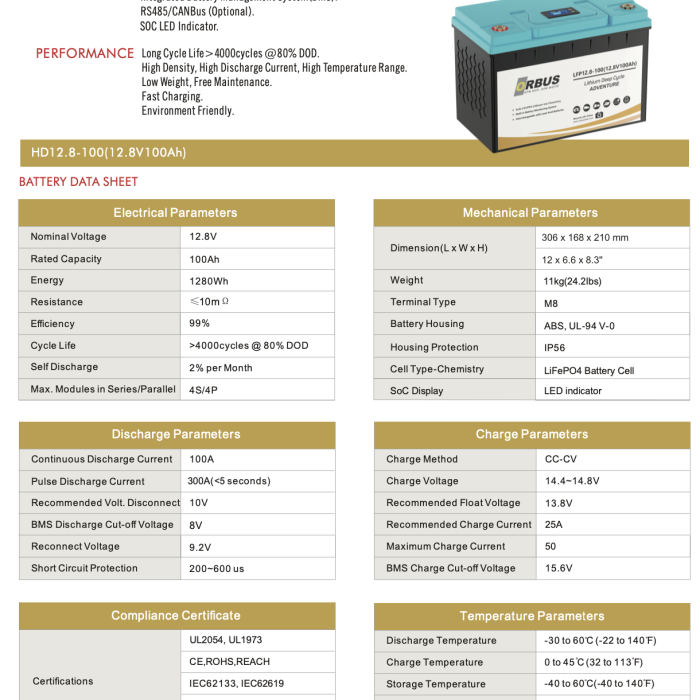 Orbus 12.8 V Volt 100ah Amper Lityum Akü