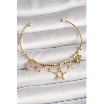 Pirinç Gold Renk Sallantı Zirkon Taşlı Yıldız Model Kalp Detay Charm Kadın Bileklik - TJ-BB6930