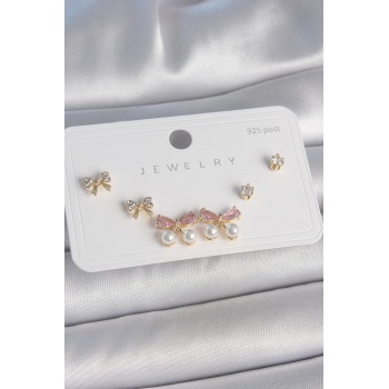 Pirinç Gold Renk Pembe Zirkon Taşlı Fiyonk Model İnci Detay 925 Ayar Gümüş Çivi Kadın Küpe Seti - TJ-BKP10484