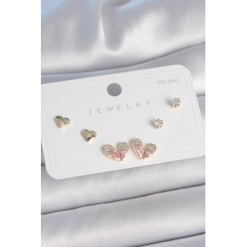 Pirinç Gold Renk Pembe Zirkon Taşlı Kalp Model 925 Ayar Gümüş Çivi Kadın Küpe Seti - TJ-BKP10492