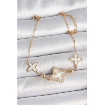 316L Çelik Gold Renk Beyaz Mineli Çiçek Model Zirkon Taş Detay Kadın Bileklik - TJ-BB6950