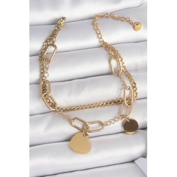 316L Çelik Gold Renk 2Li Zincir Model Sallantı Kalp Figür Kadın Bileklik - TJ-BB6953