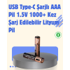 USB Type-C Şarjlı AAA Lityum Pil | 1.5V Sabit Voltaj, 1000+ Şarj Döngüsü ile Uzun Ömür