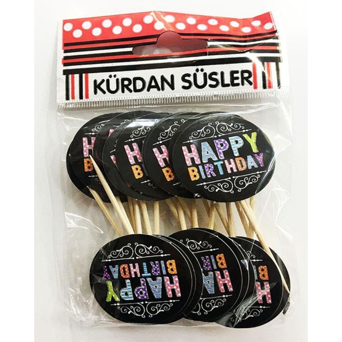 Siyah Üzeri Rengarenk Happy Birthday Parti Kürdan Süsü 20 Adet
