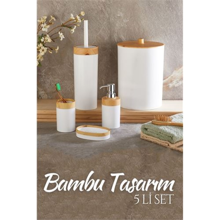  5 li Banyo Seti Bambu Design BEYAZ