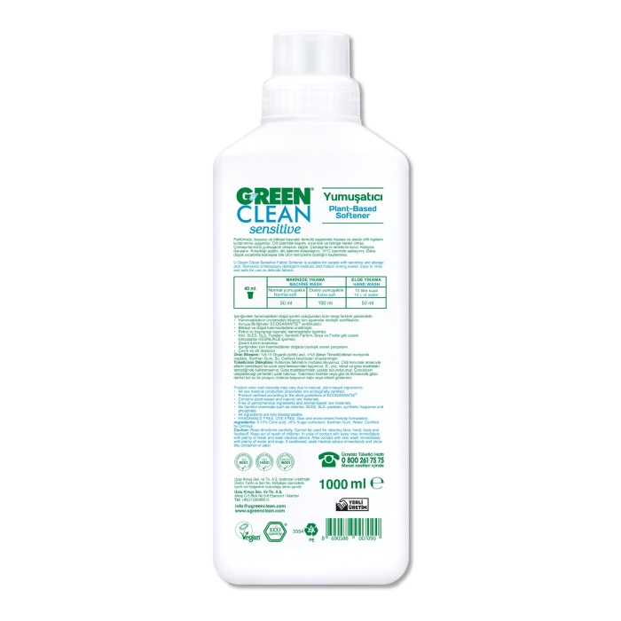 Green Clean Sensitive Parfümsüz Bitkisel Yumuşatıcı 1000 ml
