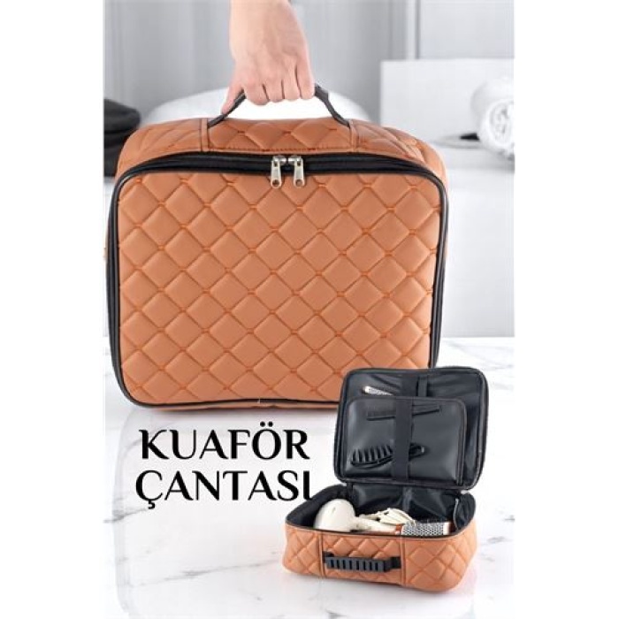  Kuaför Çantası Kapitone Deri Berber Çantası Makyöz Ekipman Çantası TABA