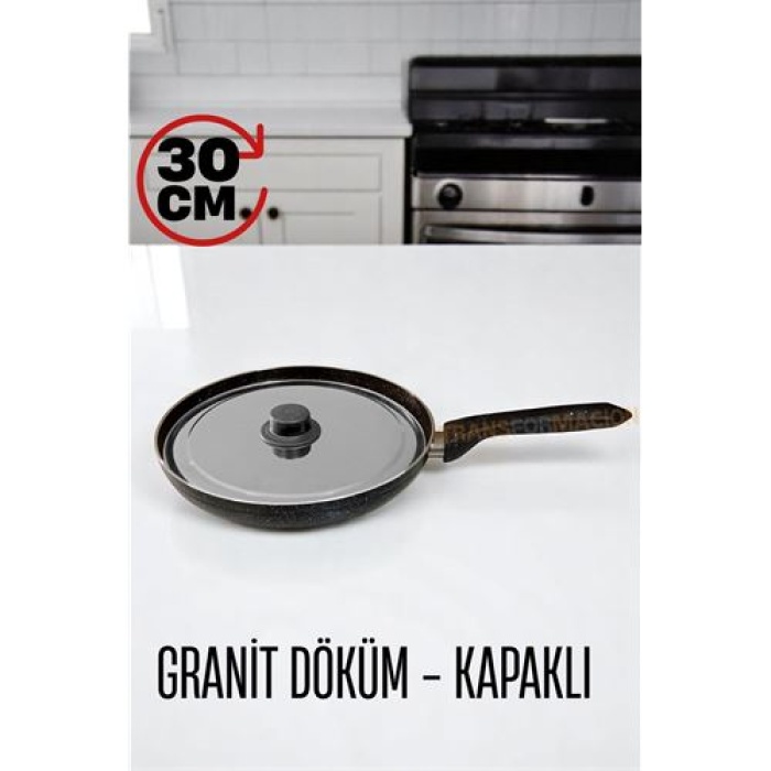  Granit Döküm Tava Paslanmaz Çelik Kapaklı -Yapışmaz Taban 30 Cm