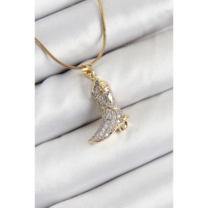 316L Çelik Zirkon Taşlı Çizme Model Gold Renk Kadın Kolye - TJ-BKO10373