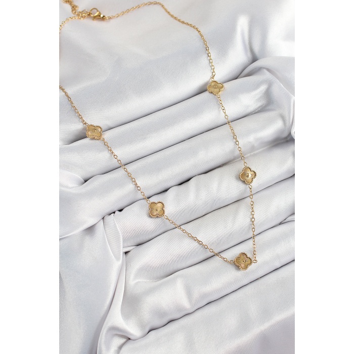 316L Çelik Yonca Model Gold Renk Kadın Kolye - TJ-BKO10378