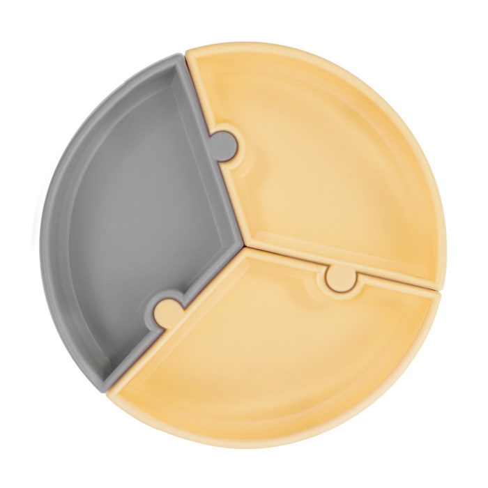 OiOi Puzzle Vakum Tabanlı Silikon Tabak Mellow Yellow / Powder Grey