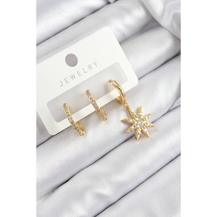 Pirinç Zirkon Taşlı Kutup Yıldızı Model Gold Renk 3lü Set Kadın Küpe - TJ-BKP10913