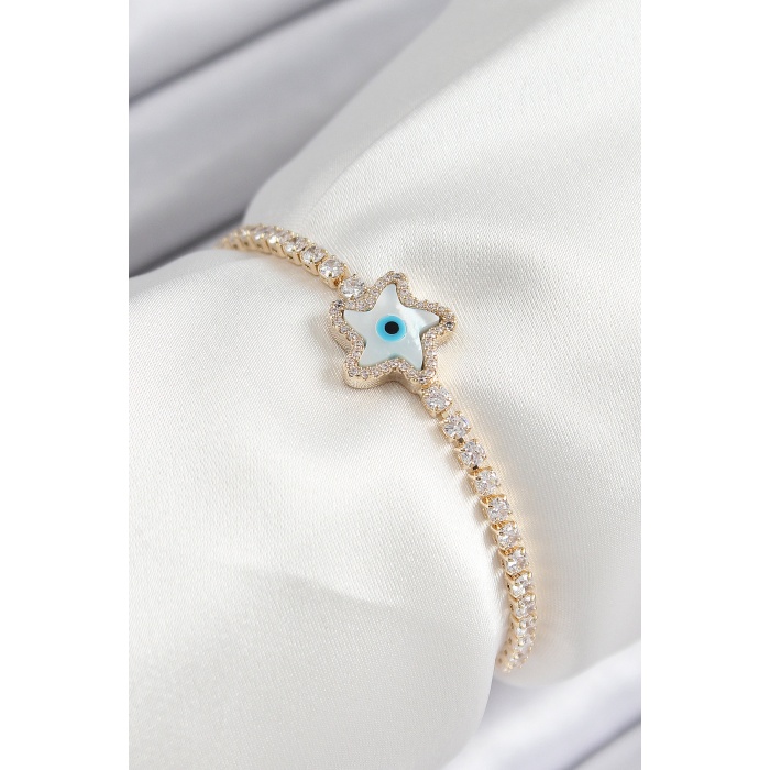 Pirinç Zirkon Taşlı Nazar Yıldız Model Gold Renk Asansörlü Kadın Bileklik - TJ-BB7470
