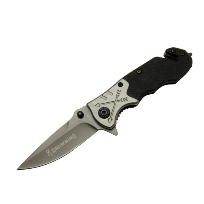Browning 8-10 Siyah Kurtarma / Kamp Çakı 16,5cm - Yarı Otomatik, Cam Kırma ve İp Kesme Aparatlı, Ok Figürlü Sap