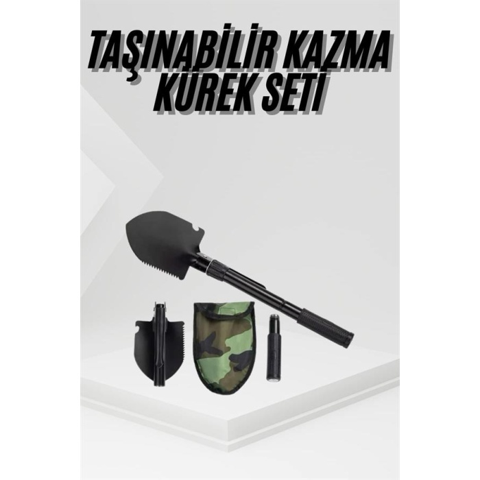 Katlanır Portatif Kazma Kürek Seti Portatif Çelik Taşıma Çantalı Pusulalı