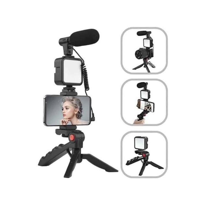 Tripod Telefon Tutucu Kumandalı Mikrofon Led Işık Vlog Video Kayıt
