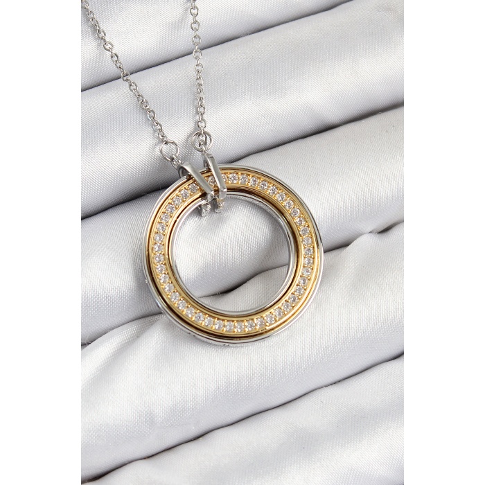 316L Çelik Zirkon Taşlı Dönen Daire Model Gold Ve Gümüş Renk Kadın Kolye - TJ-BKO10479