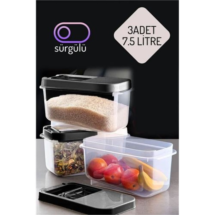  Erzak Bakliyat Saklama Kabı 3 lü Set 7.5 Lt Antrasit