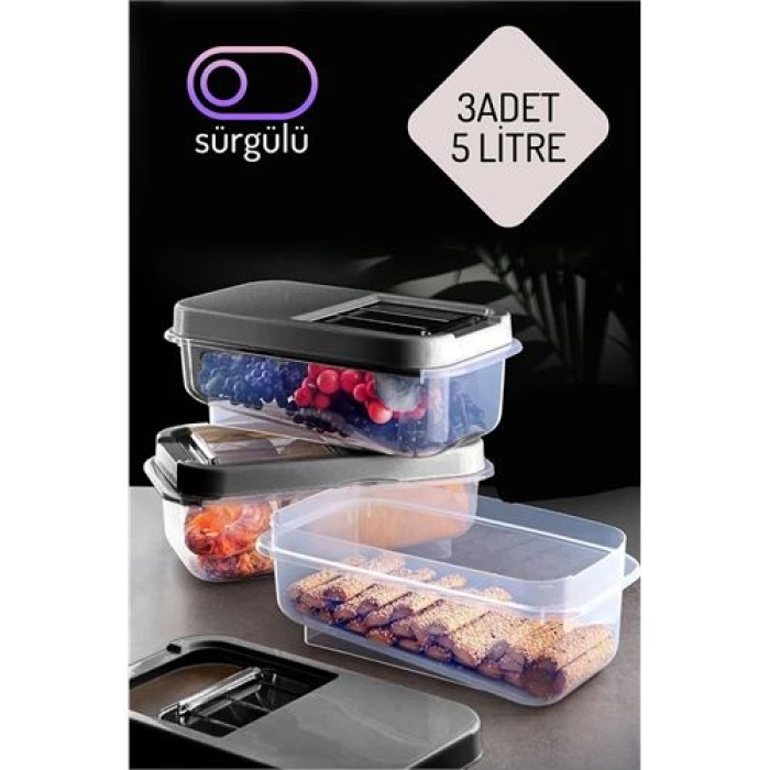  Erzak Bakliyat Saklama Kabı 3 lü Set 5 Lt Antrasit