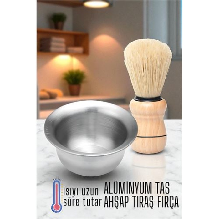  Alüminyum Tıraş Tası Ahşap Tıraş Fırçası Seti -