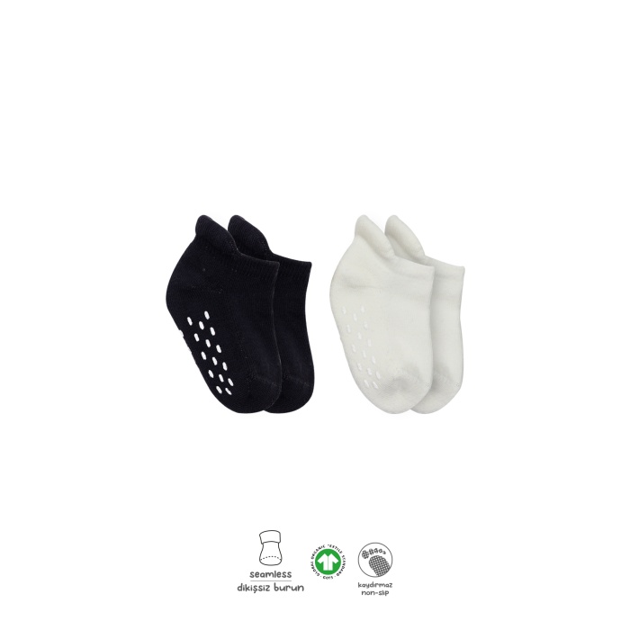 Bistyle 2Li Altı Havlu Sneakers Kaymaz Çorap 20501 Siyah Ekru