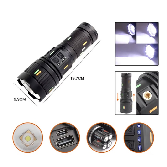 Pro F-3001 Alüminyum TG LED Güç Göstergeli Type-C Şarjlı El Feneri 100 W