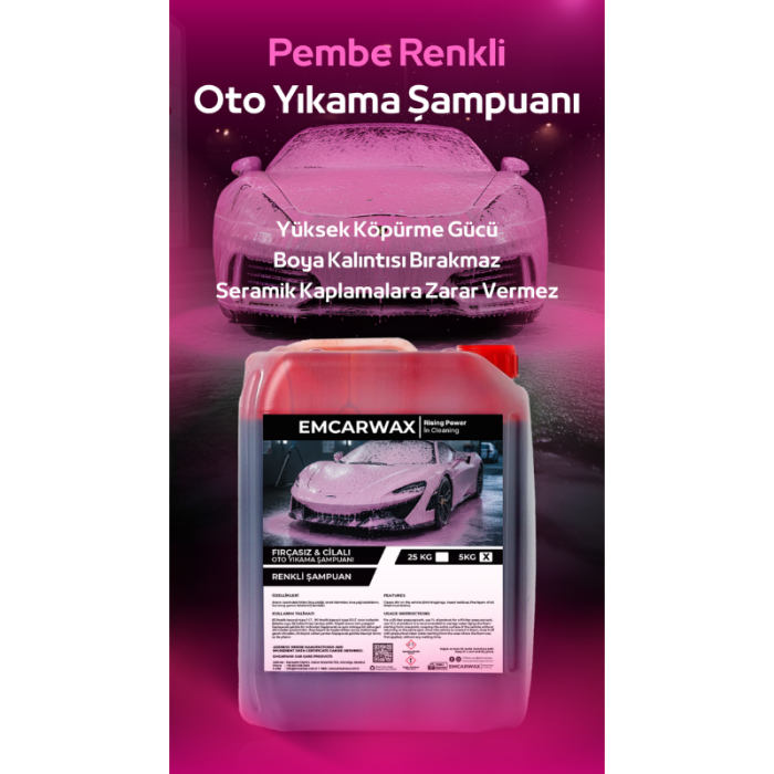 Emcarwax Pembe Renkli Cilalı Oto Yıkama Şampuanı 5 LT