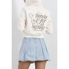 Sırt Baskılı Fermuarlı Crop Sweat Kırıkbeyaz