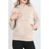 Kanguru Cep Kapşonlu Peluş Sweat Taş