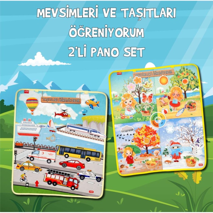 2 Set - 36 Parça  Mevsimler ve Taşıtları Öğreniyorum Keçe Cırtlı Duvar Panoları , Eğitici Oyuncak