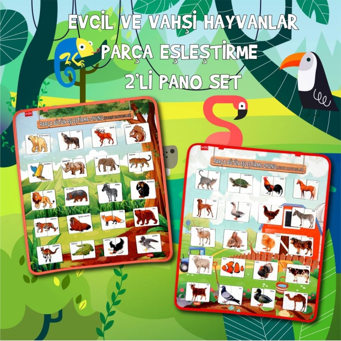 2 Set - 80 Parça  Evcil ve Vahşi Parça Birleştirme Oyunu Keçe Cırtlı Duvar Panoları , Eğitici Oyuncak