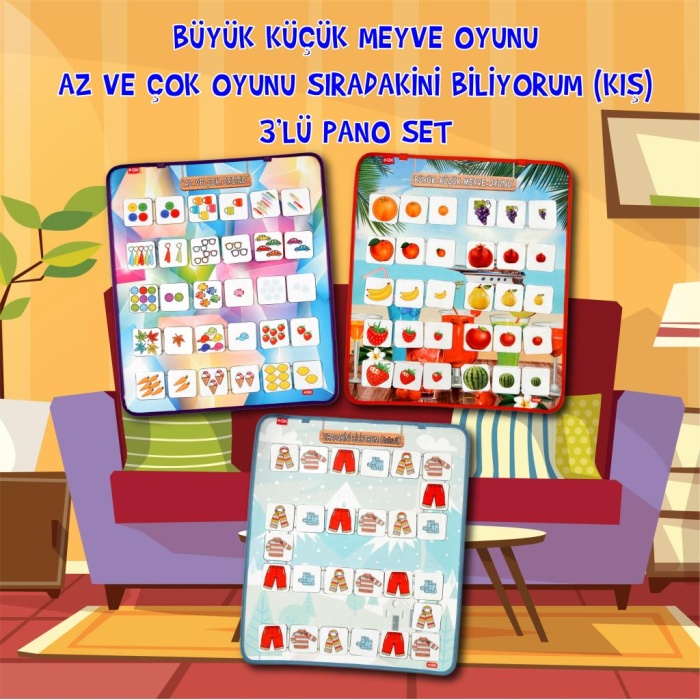 3 Set - 87 Parça  Az - Çok , Büyük - Küçük Meyve ve Sıradakini Biliyorum Oyunu Keçe Cırtlı Duvar Panoları , Eğitici Oyuncak