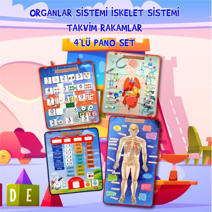 4 Set - 151 Parça  İskelet , İç Organlar Sistemi , Takvim ve Rakamları Öğreniyorum Keçe Cırtlı Duvar Panoları , Eğitici Oyuncak