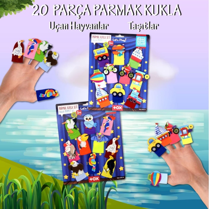 2 Set - 20 Parça  Taşıtlar ve Uçan Hayvanlar Parmak Kukla