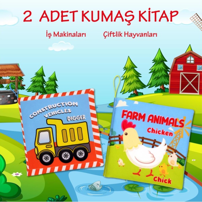 2 Kitap  İngilizce İş Makinaları ve Çiftlik Hayvanları Kumaş Sessiz Kitap