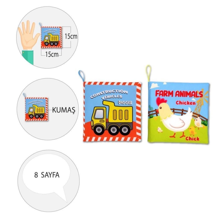 2 Kitap  İngilizce İş Makinaları ve Çiftlik Hayvanları Kumaş Sessiz Kitap
