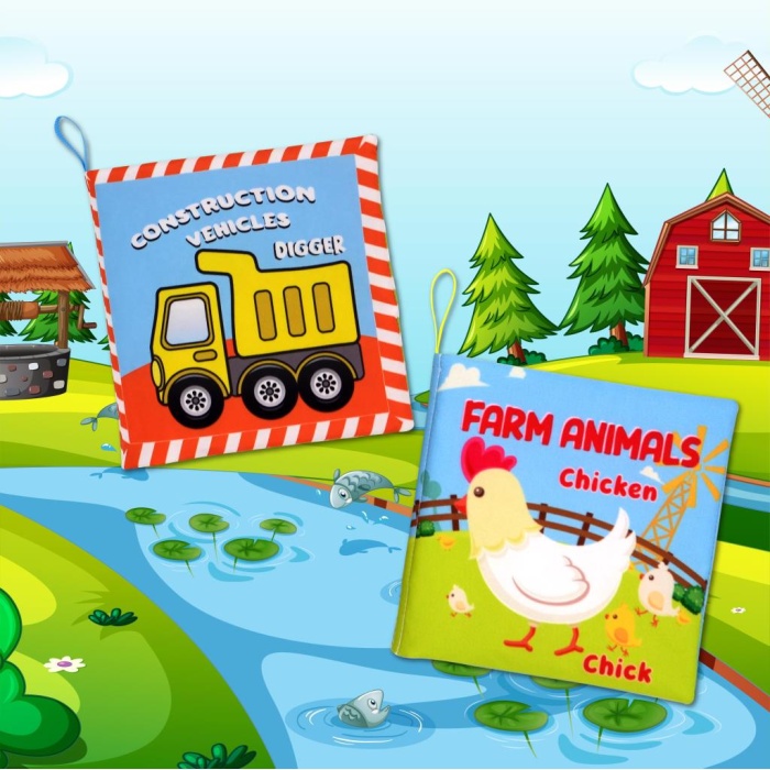 2 Kitap  İngilizce İş Makinaları ve Çiftlik Hayvanları Kumaş Sessiz Kitap